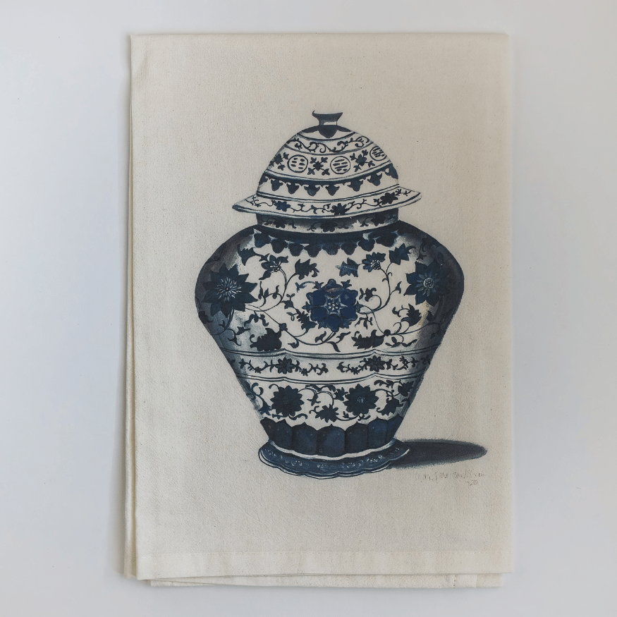 Chinoiserie Blue Floral Vase Tea Towel